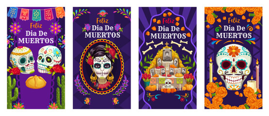 Day of the Dead Dia De Los Muertos mexican holiday social media banners, vector Mexico Halloween. Cartoon sugar skulls, ofrenda altar and Catrina Calavera with marigold flowers, candles, papel picado