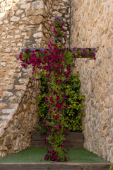 flowers on the catholic cross in calpe, spain