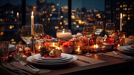 Modern Festive Christmas Dinner: Lavishly Decorated Table for Family Celebration on Christmas Eve in 8K created with generative ai technology
