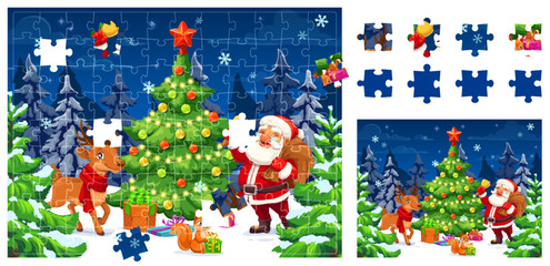 Christmas jigsaw puzzle game pieces, Santa with gifts and deer on snowy forest, vector decorated holiday pine tree. Christmas or New Year jigsaw pieces and puzzle parts for kids winter holiday game