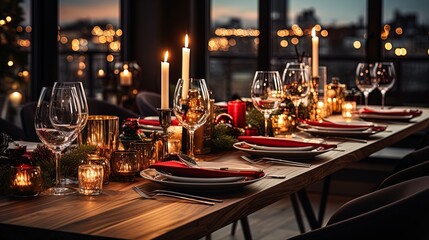 Fototapeta na wymiar Modern Festive Christmas Dinner: Lavishly Decorated Table for Family Celebration on Christmas Eve in 8K created with generative ai technology