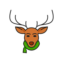 Face of Christmas holy deer in green scarf isolated line icon. Vector festive Xmas animal, retro reindeer New Year holidays symbol