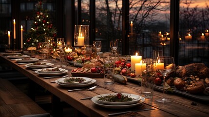 Modern Festive Christmas Dinner: Lavishly Decorated Table for Family Celebration on Christmas Eve in 8K created with generative ai technology