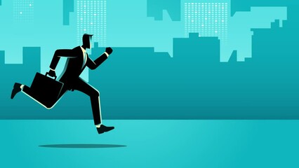 Corporate animations of a businessman sprinting with a briefcase, set against a cityscape backdrop. Represents ambition, determination, and success, making it ideal for business presentations - Powered by Adobe