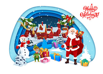 Cartoon paper cut greeting card, Santa and gifts in snowy town, winter holidays vector background. Christmas or New Year Happy Holidays greeting in paper cut layers with Santa, elf and snowman