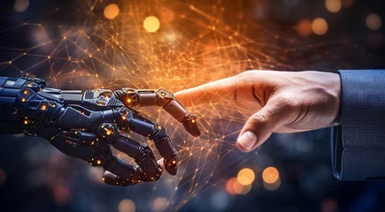Foto op Canvas close-up of AI robot hand, AI robot hand on technology background, bionic robots hand close up, half human half robotic hand © Gegham