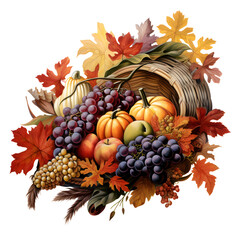 Naklejka na ściany i meble Cornucopia. fruit basket. Thanksgiving decoration. watercolor illustration