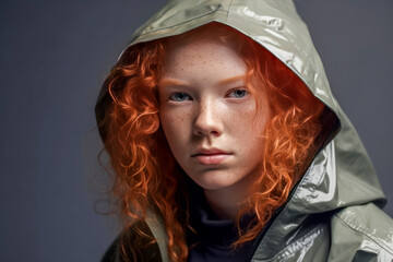 Person with red hair wearing a green jacket. - Powered by Adobe