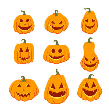Set of halloween pumpkins, funny and spooky faces. Autumn holidays. Illustration isolated on white background. Vector illustration EPS10.