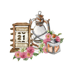 Watercolor rusty old elements and dahlia composition. Hand drawn illustration of a summer garden. Design for baby shower party, birthday, cake, holiday celebration design, greetings card,invitation.