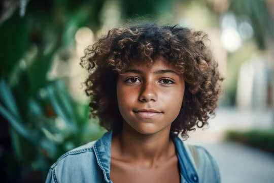 Teenager in denim shirt posing in front of trees. - Powered by Adobe