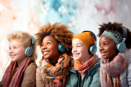 Smiling children of different ethnicities listening to music
