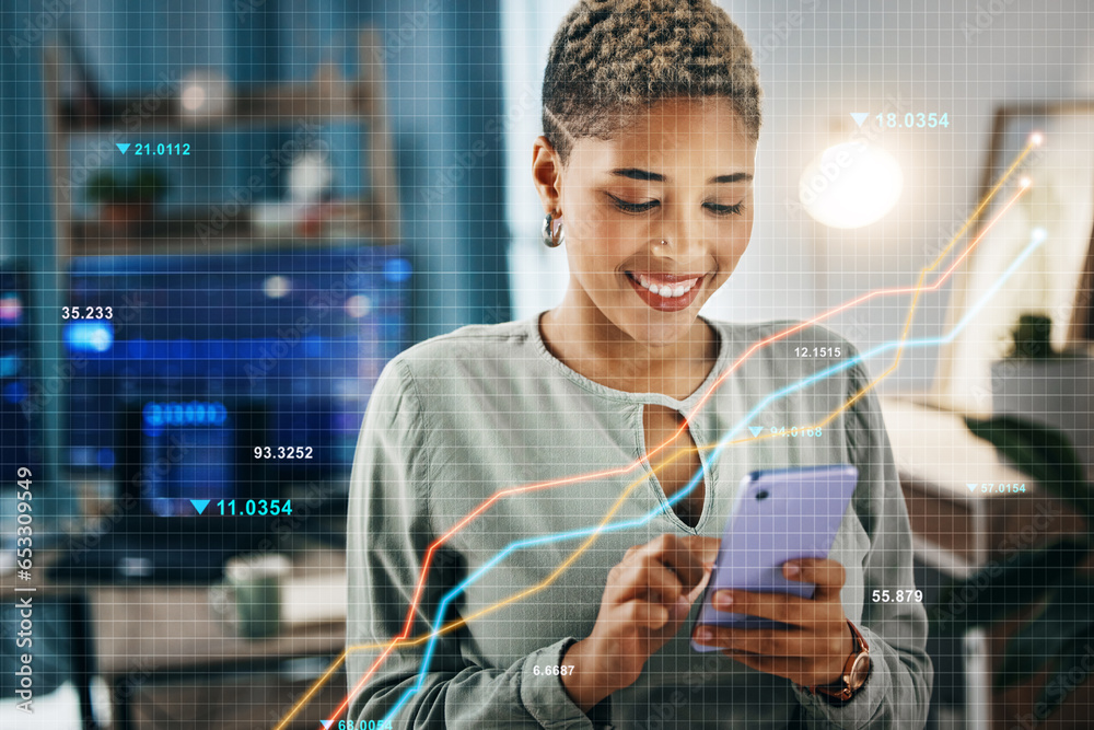 Aufkleber stock market, overlay and business woman with phone and trading information for investor statistics.