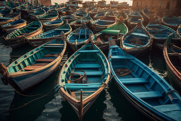 Fototapeta na wymiar In a charming seaside village, colorful fishing boats bobbed in the harbor, their vibrant hues reflecting in the calm, azure waters under the warm, coastal sun.