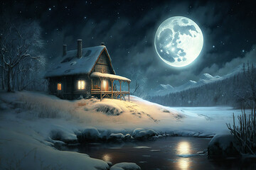Big moon near winter shack illustration generative AI