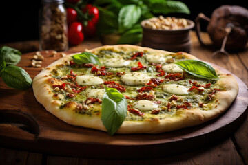 homemade pizza with pesto, delicious and healthy food