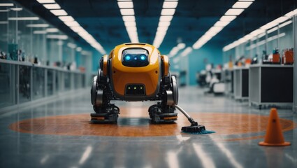 Robot cleans big room, office or laboratory. Professional robot cleaner robotic janitor. Artificial intelligence technology concept