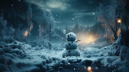 Obraz na płótnie Canvas Cute Snowman in a Modern Christmas Scenery: Snowflakes and Pristine Landscapes Wallpaper in 8K created with generative ai technology