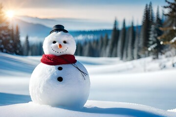 Realistic snowman smiling standing in snow near spruce trees. Cute new year, christmas holiday character smiling in red mittens scarf and hat