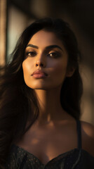 Portrait of Stunning Young Indian Woman with Black Hair Captured in Golden Hour and Natural Light, High-Quality Beauty Photography