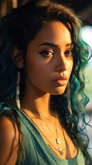 Portrait of Stunning Young Woman with Blue Hair Captured in Golden Hour and Natural Light, High-Quality Beauty Photography