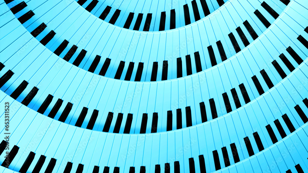 Poster blue and red rotating stripes. design. a bright piano made in computer graphics with keys that rotat