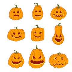 Set of halloween pumpkins with thin hand drawn stroke, funny and spooky faces. Autumn holidays. Illustration isolated on white background. Vector illustration EPS10.