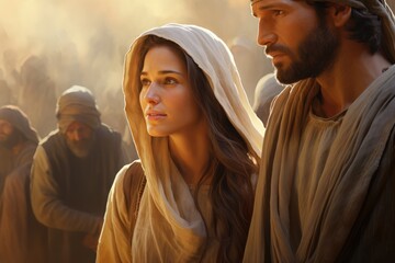 Jesus Christ travels with Mary Magdalene, distributing bread to the poor in need - obrazy, fototapety, plakaty