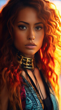 Portrait of Stunning Young Hawaiian Woman with Red Hair Captured in Golden Hour and Natural Light, High-Quality Beauty Photography