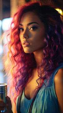Portrait of Stunning Young Hawaiian Woman with Pink Hair Captured in Golden Hour and Natural Light, High-Quality Beauty Photography