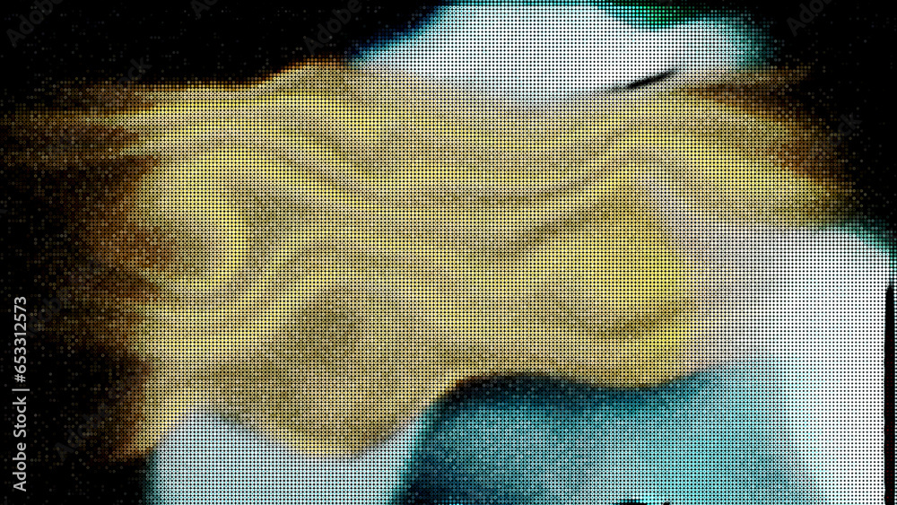 Poster background with bright glowing spots pattern with pixels and noise. motion. pixel image with noise o