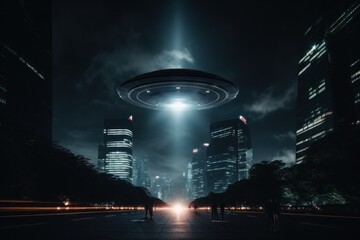 Photograph of a city corporate skyscraper with a UFO on top taken. Generative AI.