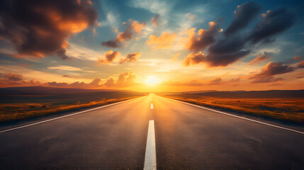 Journey down an endless highway that stretches straight forward into the horizon. The open road symbolizes limitless possibilities and the pursuit of one's dreams. With the sun in the background. - obrazy, fototapety, plakaty