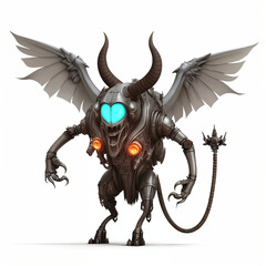 Mechanical Monster with horns and wings. Dieselpunk style. Isolated on white background. Generative AI.