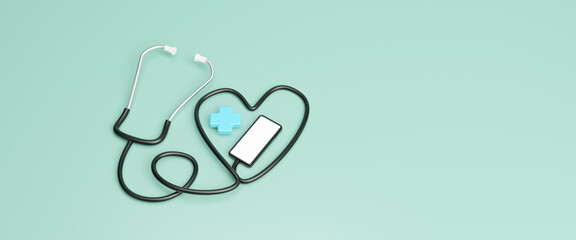Stethoscope with smartphone with telemedicine and remote healthcare for distant medical help, Medical consultation online, Online doctor support, Doctor appointment, modern consultation. 3d rendering