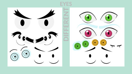 A set of eyes. Cartoon multicolored eyes. Emotional eyes. Surprised, angry, distressed, sleepy eyes. Kind glance. Cat's eyes. Cartoon Human Eyes