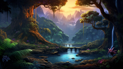 Fantasy and magical illustration of a tropical rainforest during the day. Cartoon style artwork. The atmosphere of the forest is foggy and mysterious.