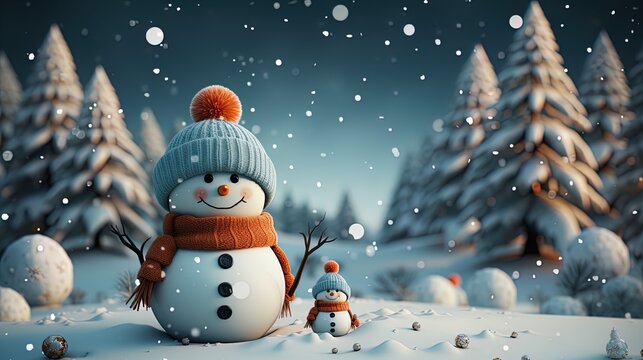 Cute Snowman in a Modern Christmas Scenery: Snowflakes and Pristine Landscapes Wallpaper in 8K created with generative ai technology