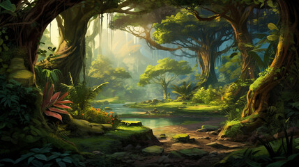 Fototapeta na wymiar Fantasy and magical illustration of a tropical rainforest during the day. Cartoon style artwork. The atmosphere of the forest is foggy and mysterious.
