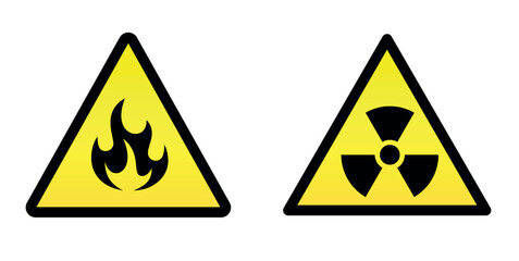 Two yellow signs of flammability and radioactive substance