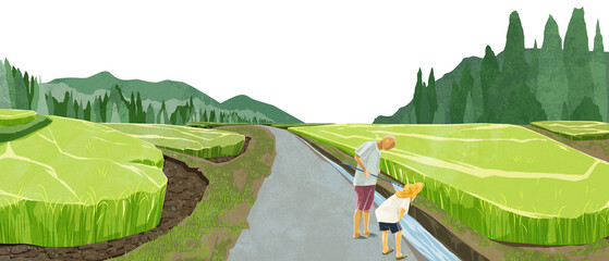 日本の夏の水田原風景手描き水彩風イラスト