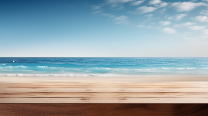 Fototapeta na wymiar Empty wooden table top with blur background of the beach, use for display product. 