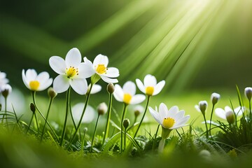 Spring white flowers in green grass background. Wood anemone. Close-up. Beautiful delicate white flowers in bright fresh greenery. Landscape with wildflowers in the forest