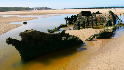 Epave du chalutier anglais Lord Grey échoué sur la plage de Tardinghen au bord de La Manche,...