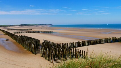 Pieux en bois anti-érosion pour retenir le sable sur la plage de Wissant en bord de Manche sur la...