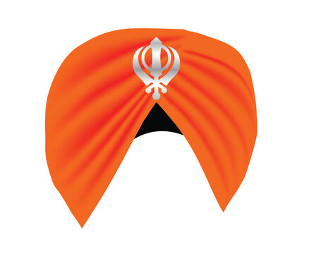 Indian Religion sikh Turban realistic vector orange with sikh religious symbol on white isolated 