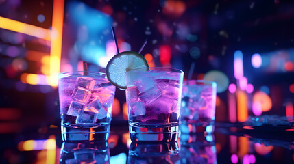 Alcoholic purple cocktails in a glass, with a slice of lemon on the background of a blurred bar in neon colors of space. Close-up, design for banners, flyers and posters. AI generated.