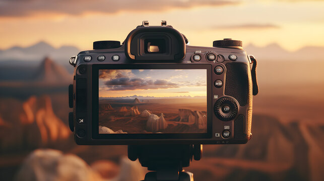 Close-up of a digital camera photographing the desert. The background of the landscape, clear sky. Camera and technology concept. Design for cards, posters and banners. AI generated