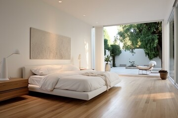 Sleek, simple bedroom in a spacious house, featuring a clean and bright design in white. Generative AI
