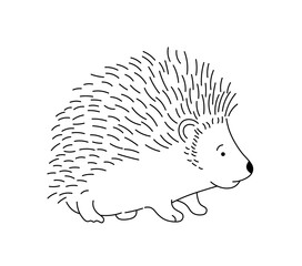 Vector isolated one single cute cartoon hedgehog with needles side view colorless black and white contour line easy drawing